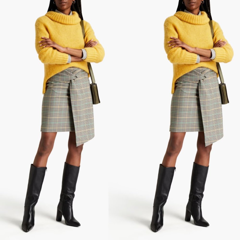 BA&SH Grena Mini Skirt Houndstooth Plaid Multicolor Wrap Style High Low Front